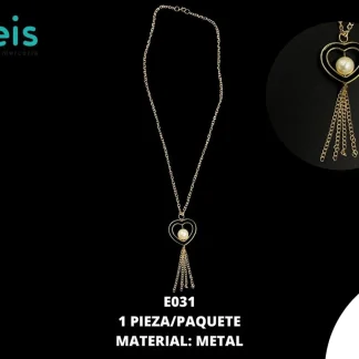 COLLAR CORAZON C/PERLA 9.5cmX3.5cm E031 1 PZ/PQT DORADO