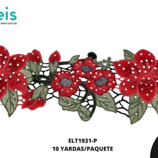 GUIPIUR BORDADO DECORADO ELT1931-P ROJO 12 CM 10 YARDAS/PAQUETE