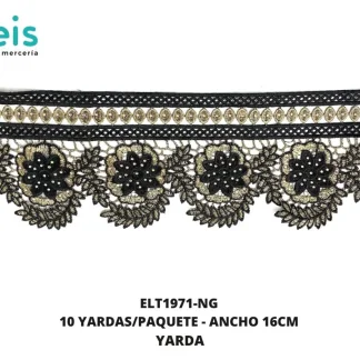 GUIPIUR BORDADO DECORADO ELT1971-NG NEGRO 16 CM 10 YARDAS/PAQUETE