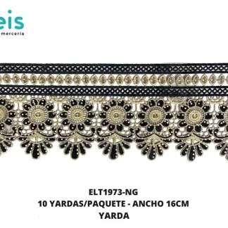 GUIPIUR BORDADO DECORADO ELT1973-NG NEGRO 16 CM 10 YARDAS/PAQUETE