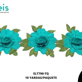 GUIPIUR BORDADO 3D ELT790-TQ TURQUESA 12 CM 10 YARDAS/PAQUETE
