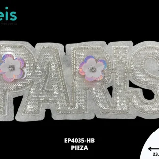 PARCHES LENTEJUELA LETRAS PARIS CON FLOR EP4035-HB PLATA