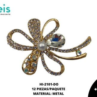 BROCHE FLOR CON PERLA EN MEDIO 4.8X6.6 CM 12 PZ/PQT DORADO