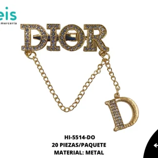 BROCHE LETRAS DIOR CON PEDRERIA Y CADENA 4.5 CM 20PZ/PQT DORADO