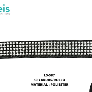LISTON CON PIEDRA 1.5 CM LS-587 50 YDS/ROLLO NEGRO+PLATA