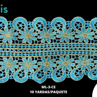 GUIPIUR BORDADO DECORADO ML-3-CE CELESTE 12.3 CM 10 YARDAS/PAQUETE