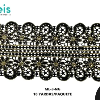 GUIPIUR BORDADO DECORADO ML-3-NG NEGRO 12.3 CM 10 YARDAS/PAQUETE