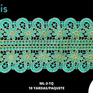 GUIPIUR BORDADO DECORADO ML-3-TQ TURQUESA 12.3 CM 10 YARDAS/PAQUETE