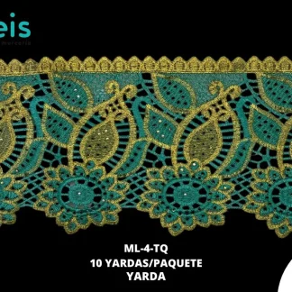 GUIPIUR BORDADO DECORADO ML-4-TQ TURQUESA 13 CM 10 YARDAS/PAQUETE