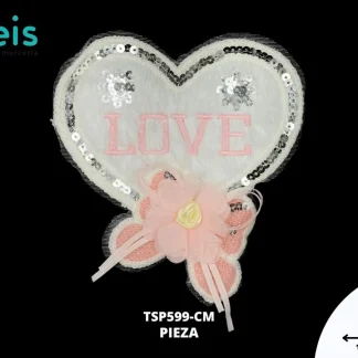 PARCHES BORDADOS Y ESTAMBRE CORAZON LOVE CON MOÑO Y LENTEJUELA TSP599-CM ROSA