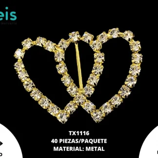 HEBILLA METÁLICA STRASS DOS CORAZONES 30x40mm TX1116 DORADO