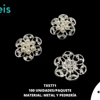 BOTON PLASTICO PATA DECORADOS FLOR CON PERLA TX5771 30mm 100 PZ/PQT PLATA