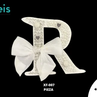 PARCHES PEDRERIA LETRA R CON MOÑO PERLA/PIEDRA XF-007 25 PZ/PQT BLANCO