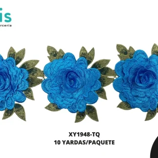 GUIPIUR BORDADO 3D XY1948-TQ TURQUESA 12 CM 10 YARDAS/PAQUETE