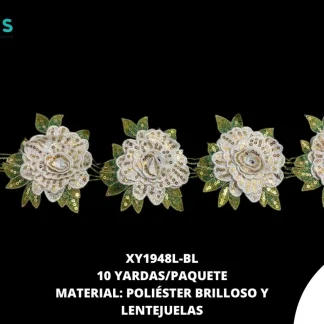 GUIPUR BORDADO 3D ROSA CON LETEJUELA 12CM XY1948L 10 YDS/PQT BLANCO