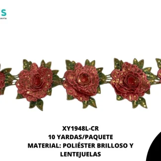 GUIPUR BORDADO 3D ROSA CON LETEJUELA 12CM XY1948L 10 YDS/PQT CORAL