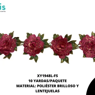 GUIPUR BORDADO 3D ROSA CON LETEJUELA 12CM XY1948L 10 YDS/PQT FIUSHA