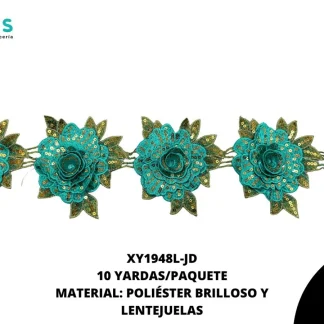 GUIPUR BORDADO 3D ROSA CON LETEJUELA 12CM XY1948L 10 YDS/PQT JADE
