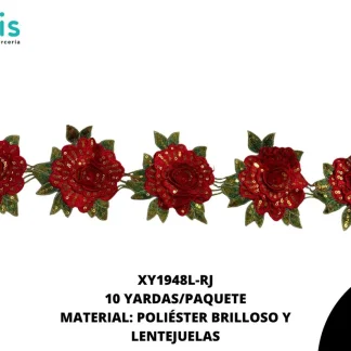 GUIPUR BORDADO 3D ROSA CON LETEJUELA 12CM XY1948L 10 YDS/PQT ROJO