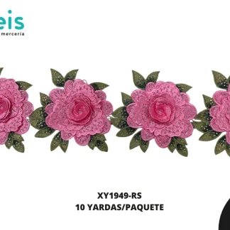 GUIPIUR BORDADO DECORADO XY1949-RS ROSA 12 CM 10 YARDAS/PAQUETE