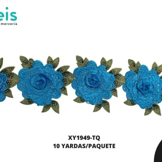 GUIPIUR BORDADO DECORADO XY1949-TQ TURQUESA 12 CM 10 YARDAS/PAQUETE