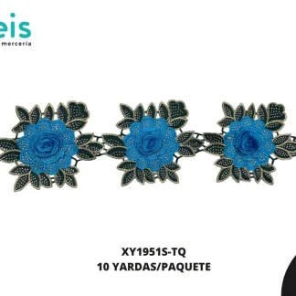 GUIPIUR BORDADO DECORADO XY1951S-TQ TURQUESA 12 CM 10 YARDAS/PAQUETE