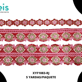 GUIPIUR BORDADO DECORADO XYF1083-RJ ROJO SET 3 PZ 5 YARDAS/PAQUETE