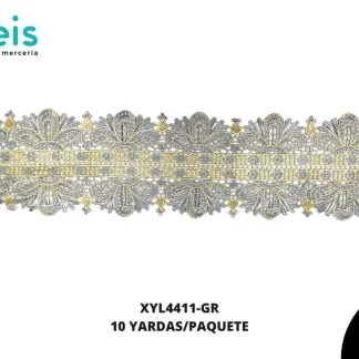 GUIPIUR BORDADO DECORADO XYL4411-GR GRIS 11.7 CM 10 YARDAS/PAQUETE