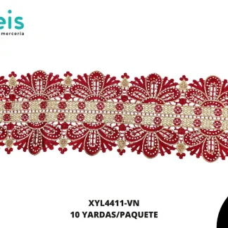 GUIPIUR BORDADO DECORADO XYL4411-VN VINO 11.7 CM 10 YARDAS/PAQUETE