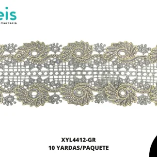 GUIPIUR BORDADO DECORADO XYL4412-GR GRIS 12 CM 10 YARDAS/PAQUETE