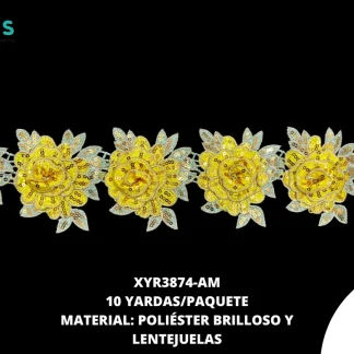 GUIPIUR BORDADO 3D LENTEJUELA XYR3874-AM AMARILLO 10 YARDAS/PAQUETE
