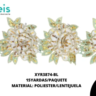 GUIPIUR BORDADO 3D LENTEJUELA XYR3874-BL BLANCO 10 YARDAS/PAQUETE
