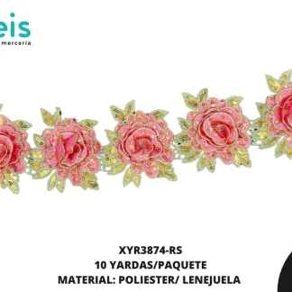 GUIPIUR BORDADO 3D LENTEJUELA XYR3874-RS ROSA 10 YARDAS/PAQUETE