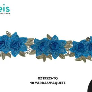 GUIPIUR BORDADO DECORADO XZ1952S-TQ TURQUESA 11.5 CM 10 YARDAS/PAQUETE
