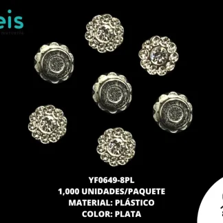 REMACHES PLASTICO FLOR YF0649-8 8mm 1,000 PZ/PQT PLATA/CRISTAL